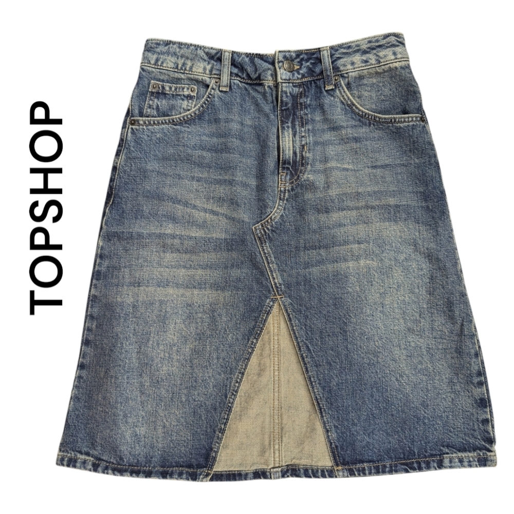 Topshop | Women's Denim Jean Mini Skirt | Split Slit Opening | Blue | Size 2 - Picture 2 of 10